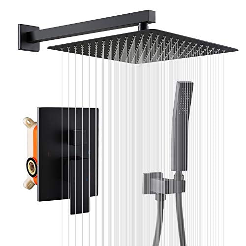 12 Inch Shower System Matte Black Rain Shower Faucet Set Valve and Trim Include Wall Mounted Rain Mixer Shower Combo Set with High Pressure Rainfall Shower Head System